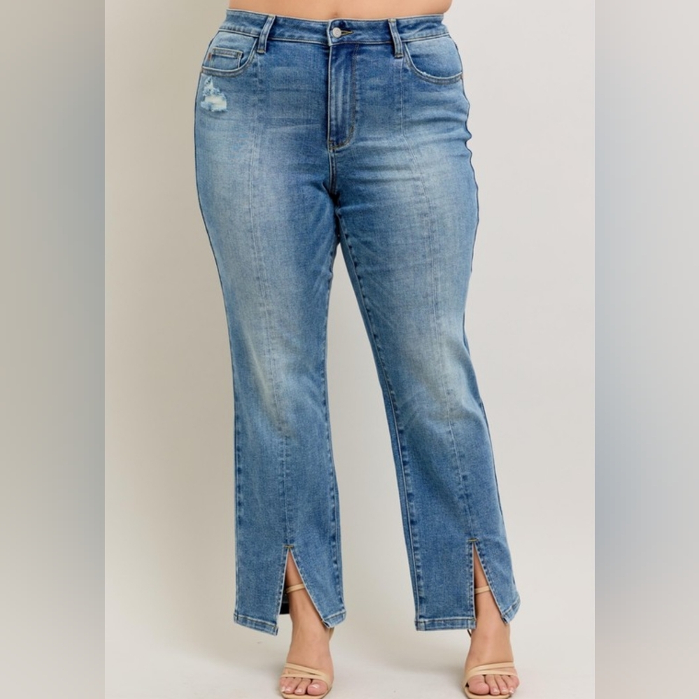 Judy Blue High-Rise Split Hem Distressed Straight Leg Boyfriend Jeans Denim Pant - Picture 12 of 16